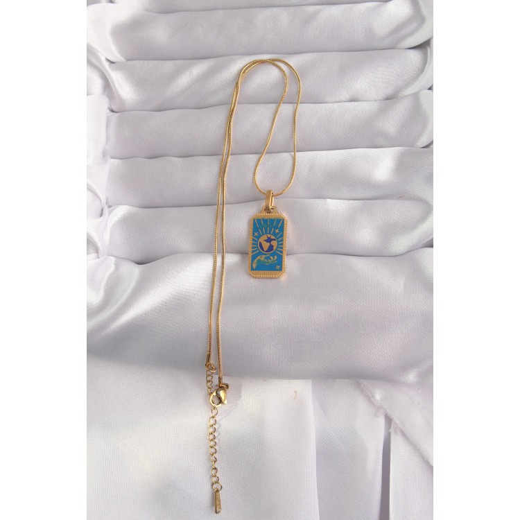 316L Çelik Gold Renk Mavi Mineli El Figür Tarot Kolye 5886