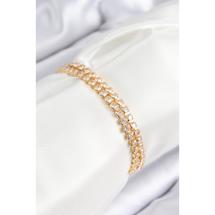 Pirinç Zirkon Taşlı Çift Sıra Model Gold Renk Asansörlü Kadın Bileklik 5886