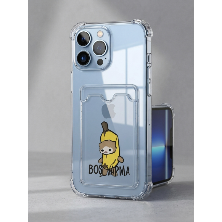 iPhone 13 Pro Max Boş Yapma Muz Detaylı Kart Bölmeli Şeffaf Telefon Kılıfı