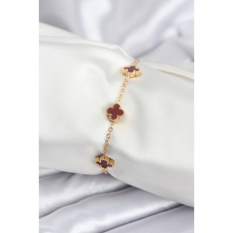 316L Çelik Gold Renk Bordo Baby Boy Yonca Kadın Bileklik 5886