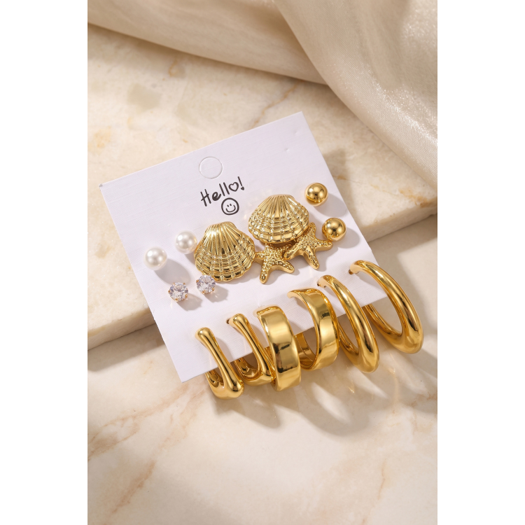 Metalik Kaplama Gold Renk Deniz Kabuğu Detaylı CCB 9 Çift Kadın Küpe Seti 5886