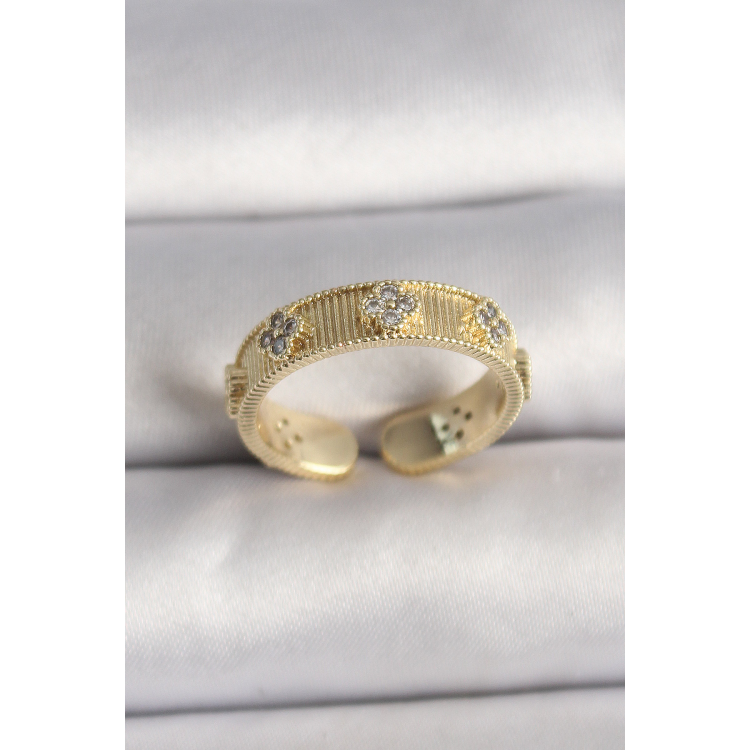 Pirinç Gold Renk Zirkon Taşlı Yonca İşlemeli Ayarlanabilir Yüzük 5886