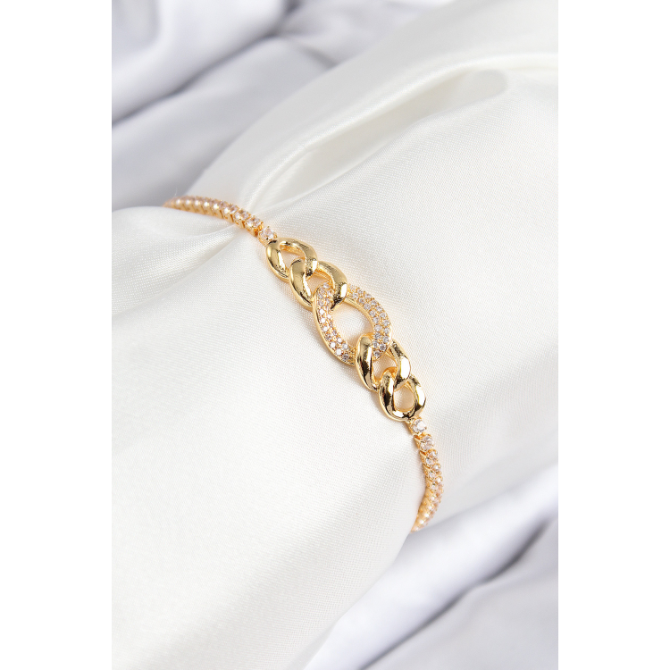Pirinç Zirkon Taşlı Zincir Model Gold Renk Asansörlü Kadın Bileklik 5886