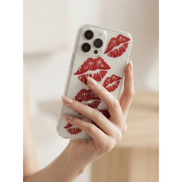 iPhone 13 Pro Max Kırmızı Dudak / Öpücük Desenli Şeffaf Telefon Kılıfı