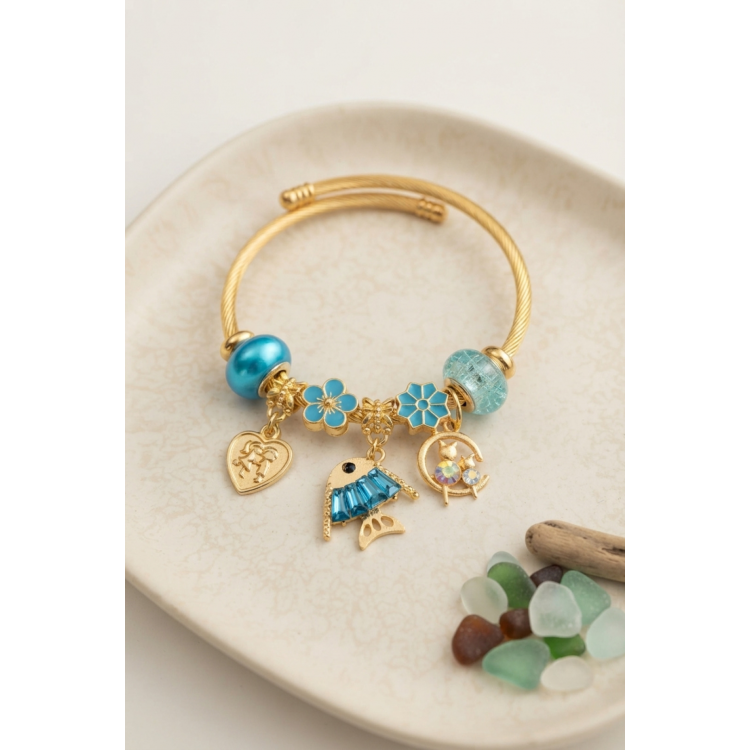 Balık Charmlı Mavi Renk Gold Bileklik 5886