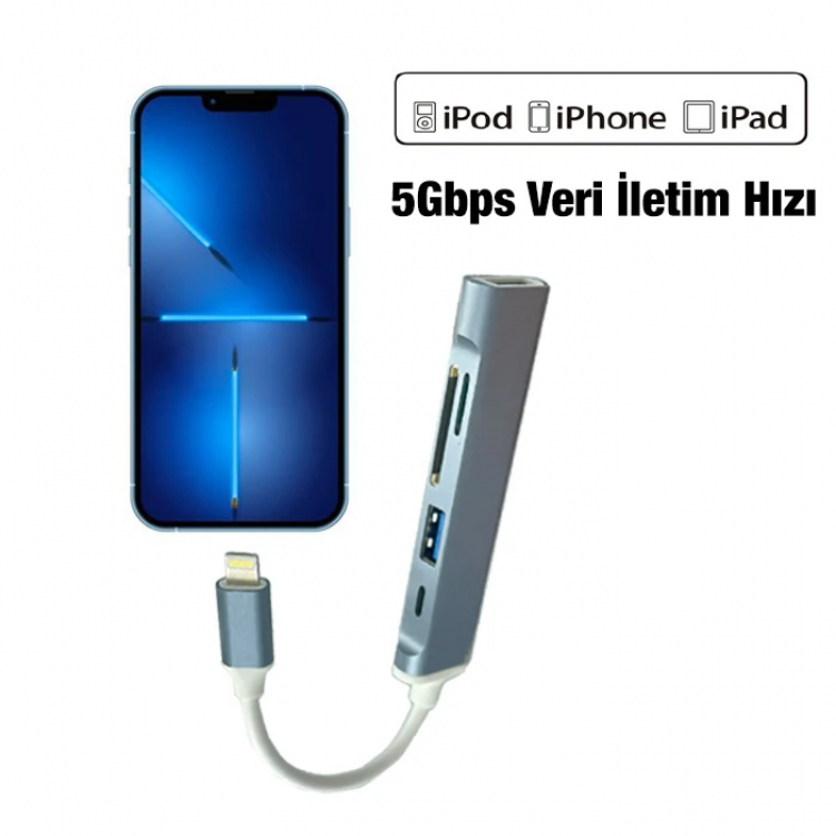 Ally S-503 5in1 Lightning to USB + SD Kart Hub Adaptör Çevirici Dönüştürücü-(5775)