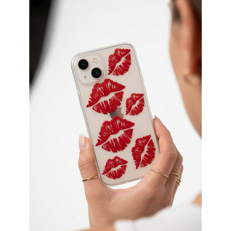 İphone 13 Kırmızı Dudak / Öpücük Desenli Şeffaf Telefon Kılıfı