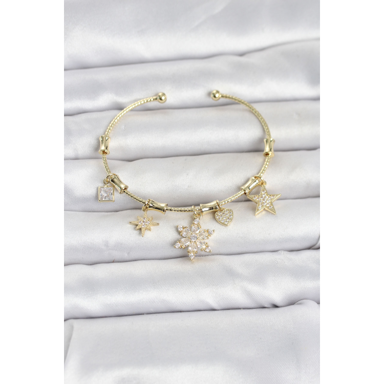 Pirinç Gold Renk Lotus Detay Charmlı Kadın Bileklik 5886