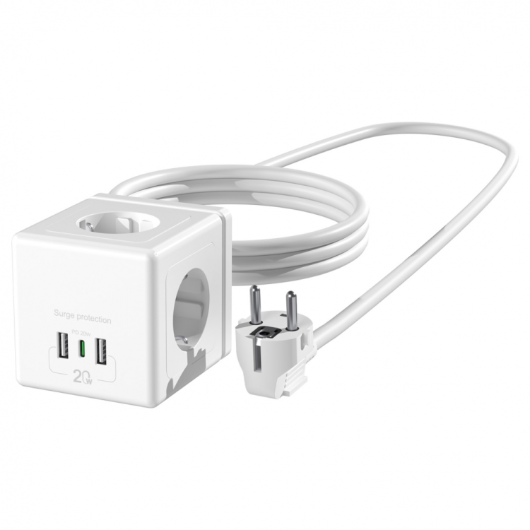 S-LINK PRZ04 4 Soket Akım Korumalı Priz 1x Type-C 2xUSB 5V 2Mt Kablo 306 Joule Küp Tasarım (Beyaz)(1923)