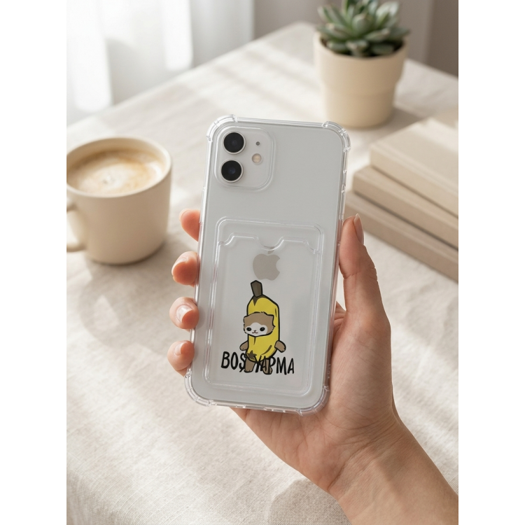 iPhone 12 Boş Yapma Muz Detaylı Kart Bölmeli Şeffaf Telefon Kılıfı