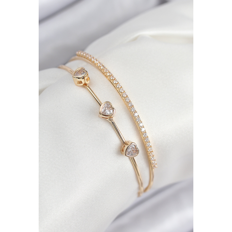 Pirinç Zirkon Taşlı Kalp Model Gold Renk Kadın Bileklik 5886