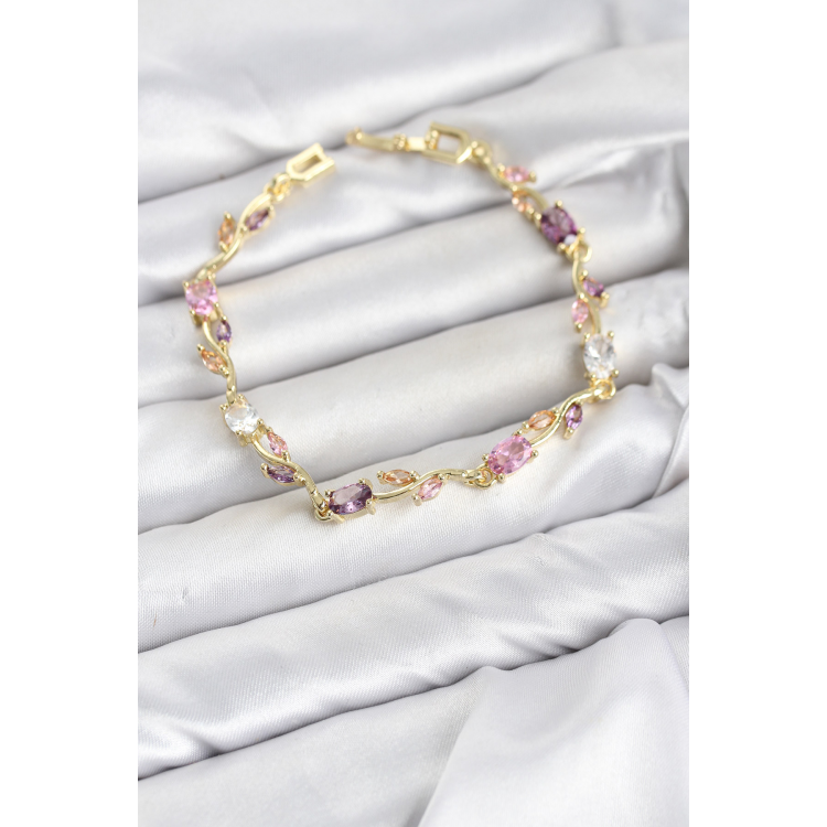 Pirinç Gold Renk Pembe ve Mor Zirkon Taşlı Çiçek Model Kadın Bileklik 5886