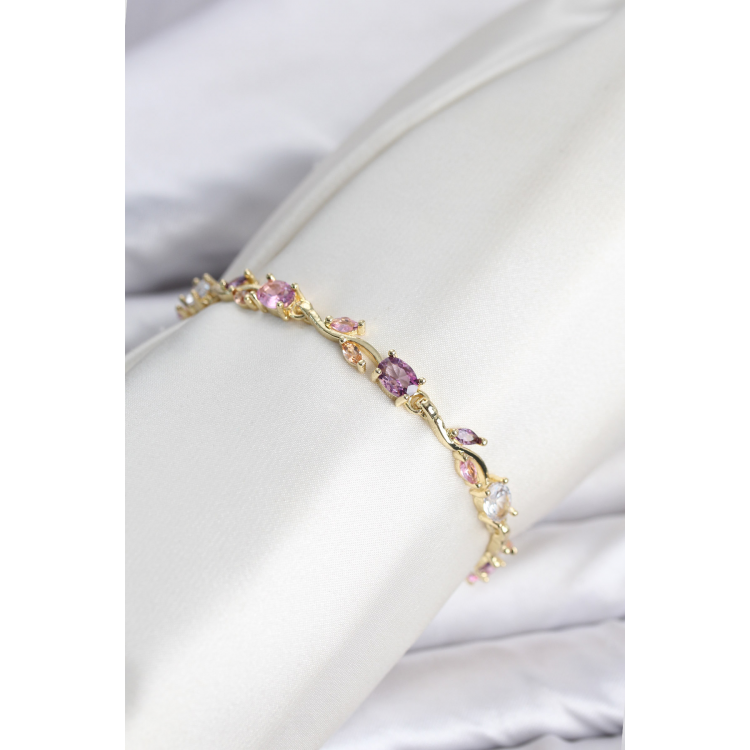 Pirinç Gold Renk Pembe ve Mor Zirkon Taşlı Çiçek Model Kadın Bileklik 5886