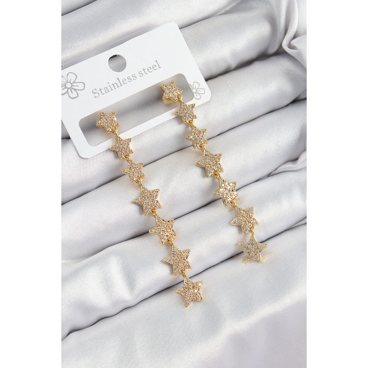 Pirinç Zirkon Taşlı Sallantılı Yıldız Model Gold Renk Kadın Küpe 5886