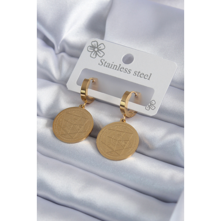 316L Çelik Gold Renk Pentagram İşleme Model Kadın Küpe 5886
