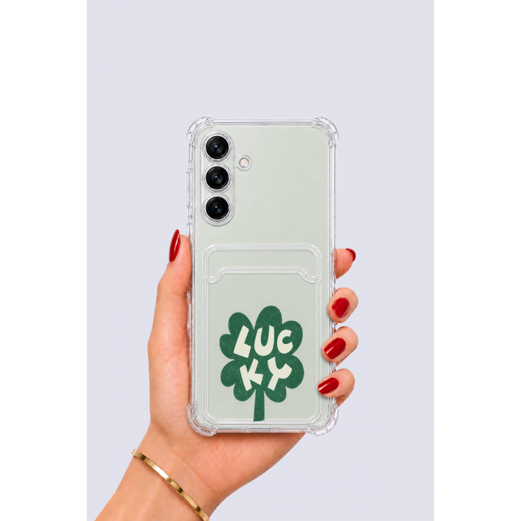 Samsung Galaxy S24 Kartlıklı Lucky Yonca Desenli Kılıf