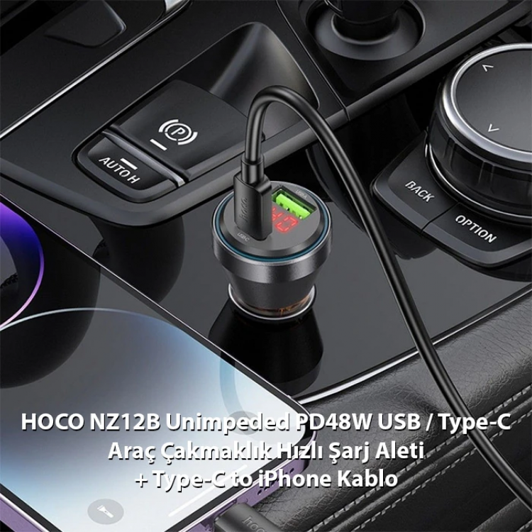 HOCO NZ12B Unimpeded PD48W USB + Type-C Araç Çakmaklı Hızlı Şarj Aleti + Type-C to iPhone Kablo-(5775)