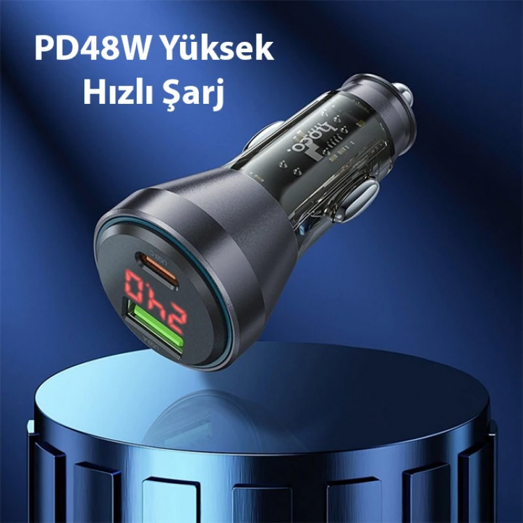 HOCO NZ12B Unimpeded PD48W USB + Type-C Araç Çakmaklı Hızlı Şarj Aleti + Type-C to iPhone Kablo-(5775)