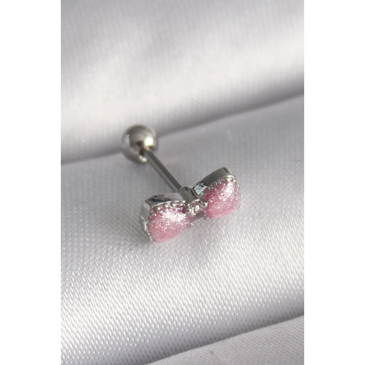 316L Çelik Gümüş Renk Pembe Kurdele Zirkon Taş Detay Tragus Piercing 5886