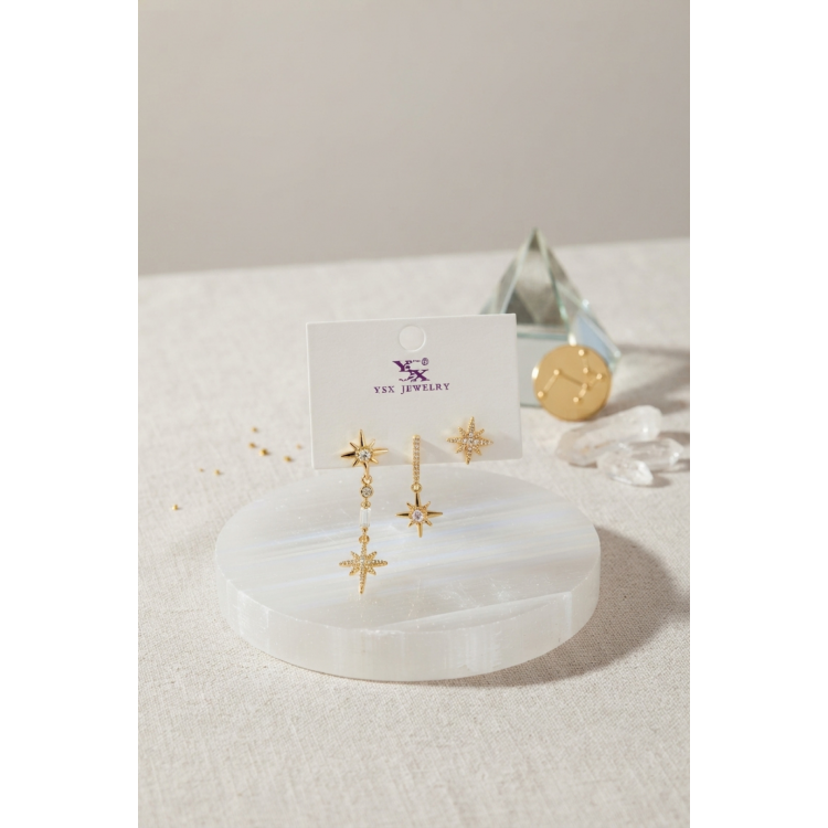 Pirinç Gold Renk Zirkon Taşlı Kutup Yıldızı Model Kadın Küpe Seti 5886