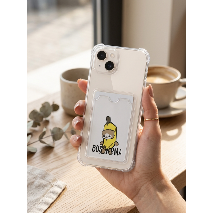 iPhone 14 Boş Yapma Muz Detaylı Kart Bölmeli Şeffaf Telefon Kılıfı