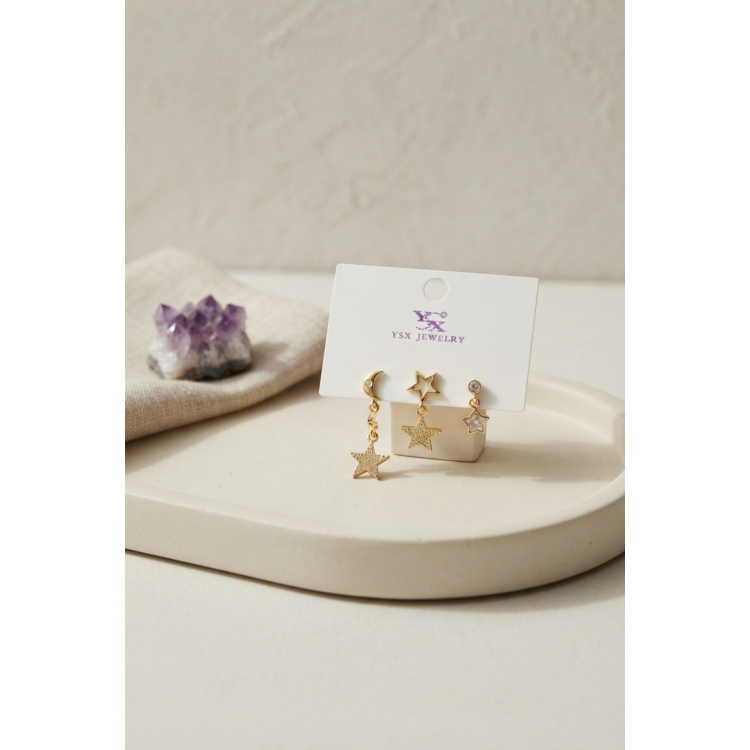 Pirinç Gold Renk Ay ve Yıldız Gece Model Kadın Küpe Seti 5886