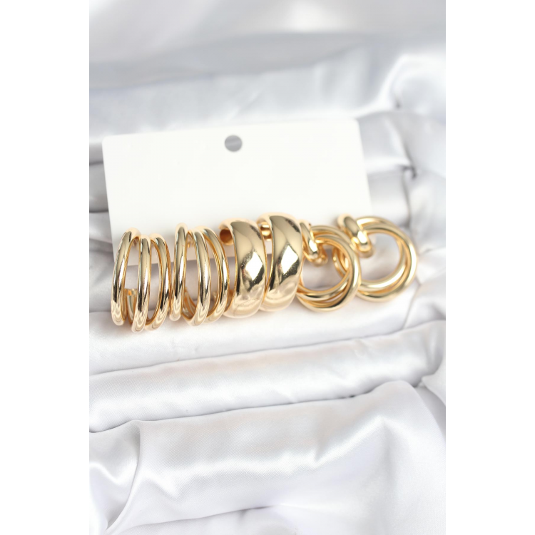 Pirinç Gold Renk 3 Çift Vintage Kadın Küpe Seti 5886