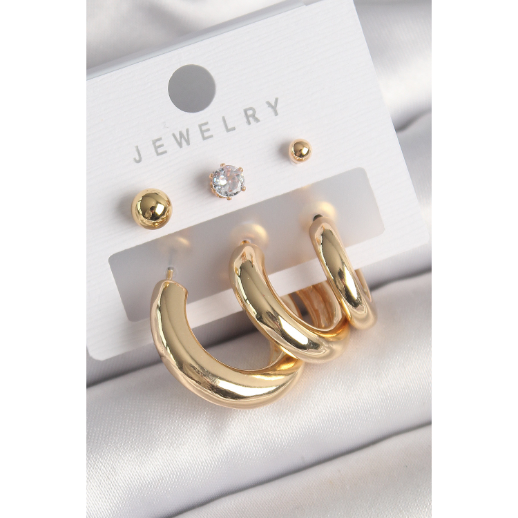 Pirinç Gold Renk Halka Model Zirkon Taşlı Topçuk Detay Kadın Küpe 5886