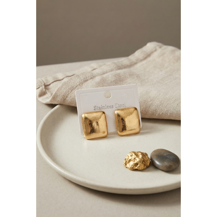 316L Çelik Gold Renk Kare Bombe Model Küpe 5886