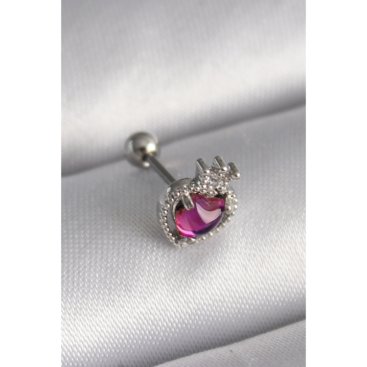 316L Çelik Gümüş Renk Pembe Mineli Kalp Zirkon Taş Detaylı Taç Tragus Piercing 5886