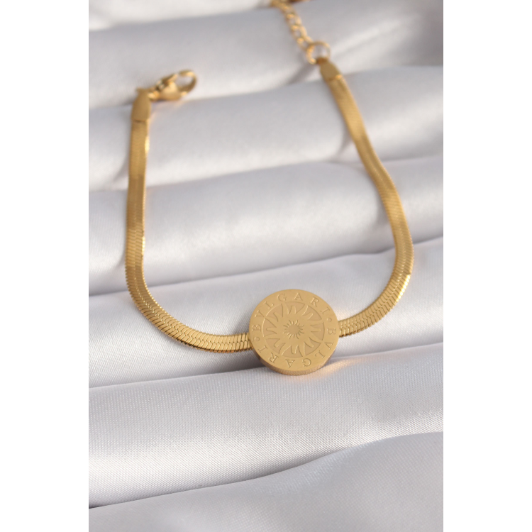 316L Çelik Gold Renk İtalyan Zincir Model İşlemeli Madalyon Figür Kadın Bileklik 5886