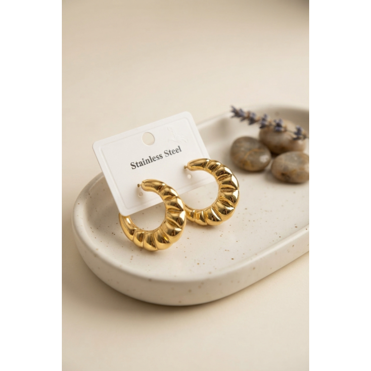 316L Çelik Gold Renk Retro Model Kalın Gövdeli Küpe 5886