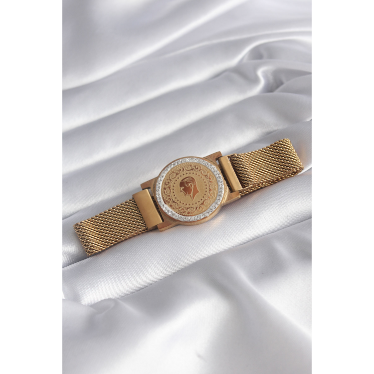 316L Çelik Gold Renk Mıknatıslı Hasır Zirkon Taşlı Çeyrek Altın Model Kadın Bileklik 5886