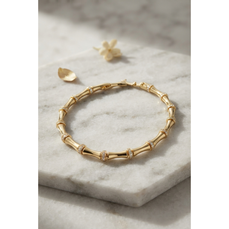 Gold Renk Bambu Model Zirkon Taşlı Kadın Bileklik 5886