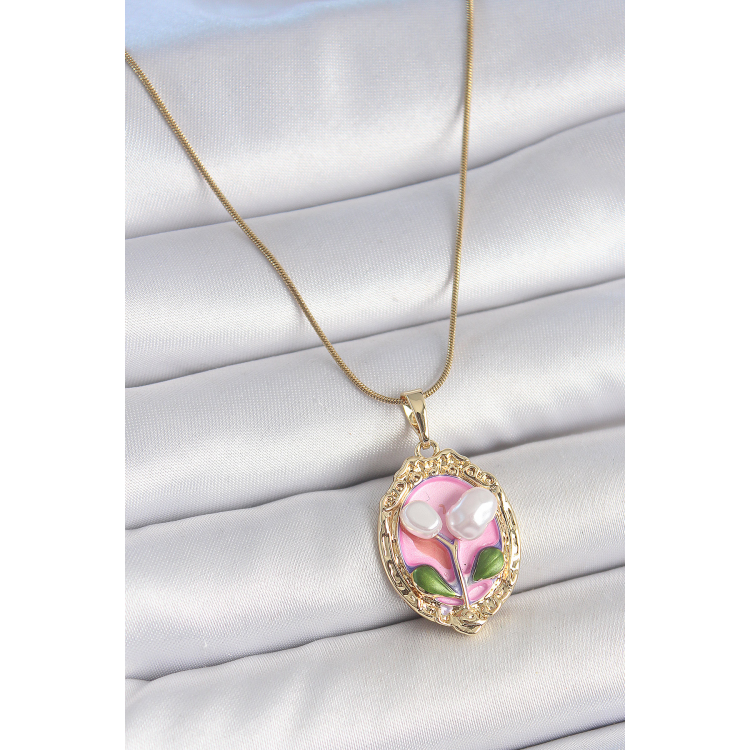 316L Çelik Gold Renk Zincir Pembe Mineli İncili Çiçek İşlemeli Portre Model Kadın Kolye 5886
