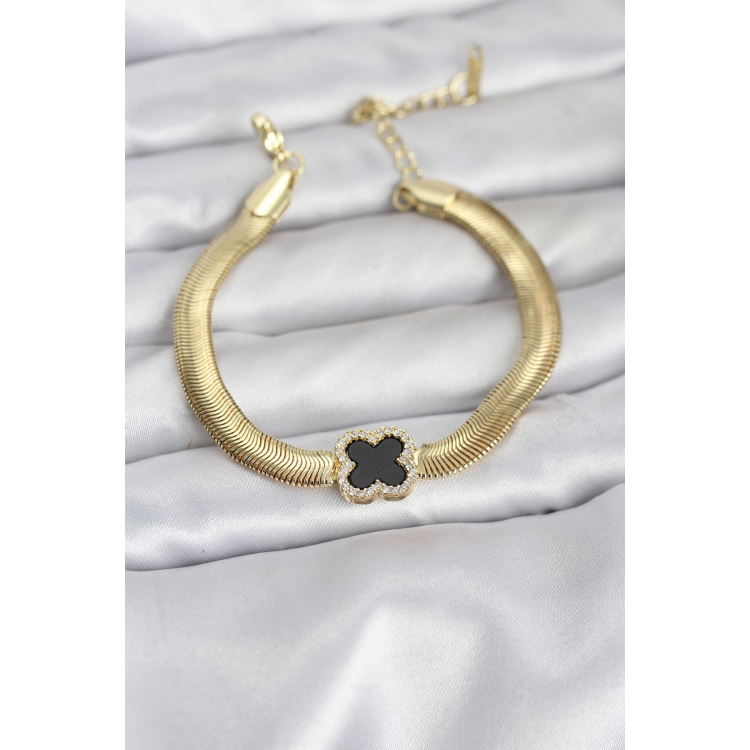 316L Çelik Gold Renk Siyah Yonca Model Zirkon Taşlı Yılan Zincirli Kadın Bileklik 5886