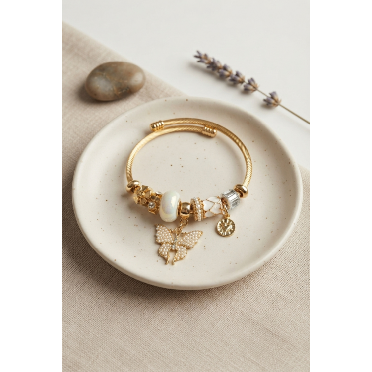 Beyaz Kelebek Model Gold Renk Charmlı Bileklik 5886