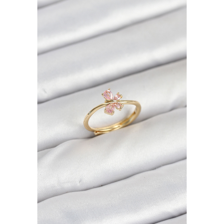 Pirinç Gold Renk Pembe Kelebek Kadın Yüzük 5886