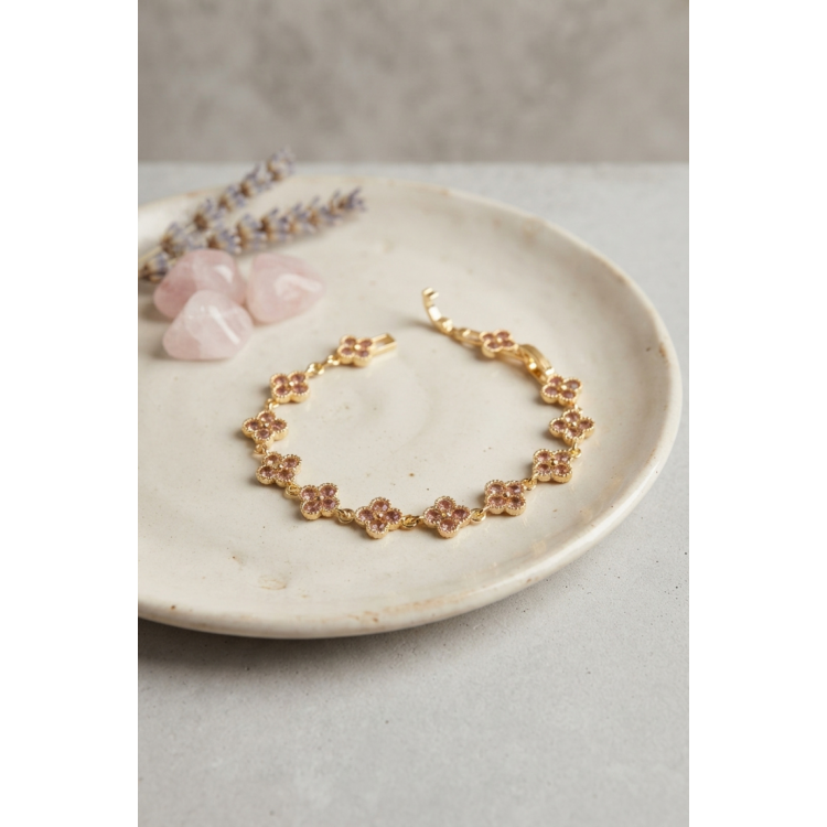 Gold Renk Pembe Zirkon Taşlı Yonca Model Kadın Bileklik 5886