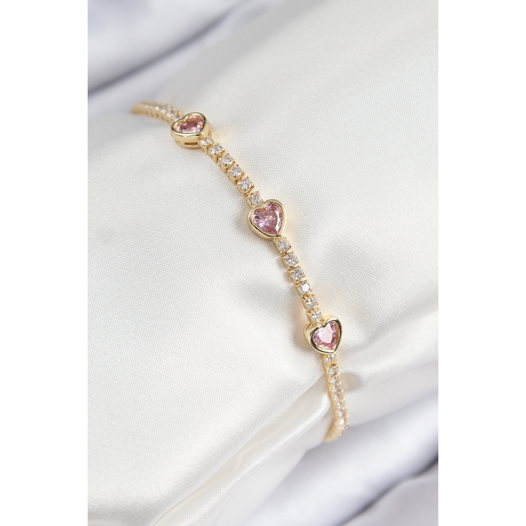 Pirinç Zirkon Taşlı Pembe Kalp Model Gold Renk Kadın Bileklik 5886