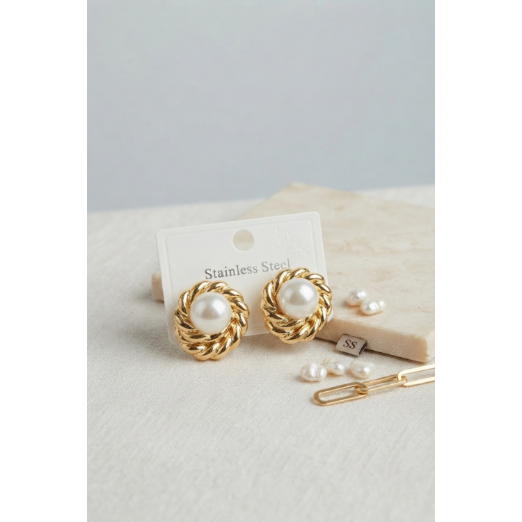 316L Çelik Gold Renk İncili Model Kadın Küpe 5886