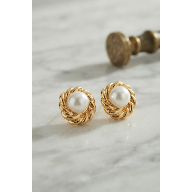 316L Çelik Gold Renk İncili Model Kadın Küpe 5886