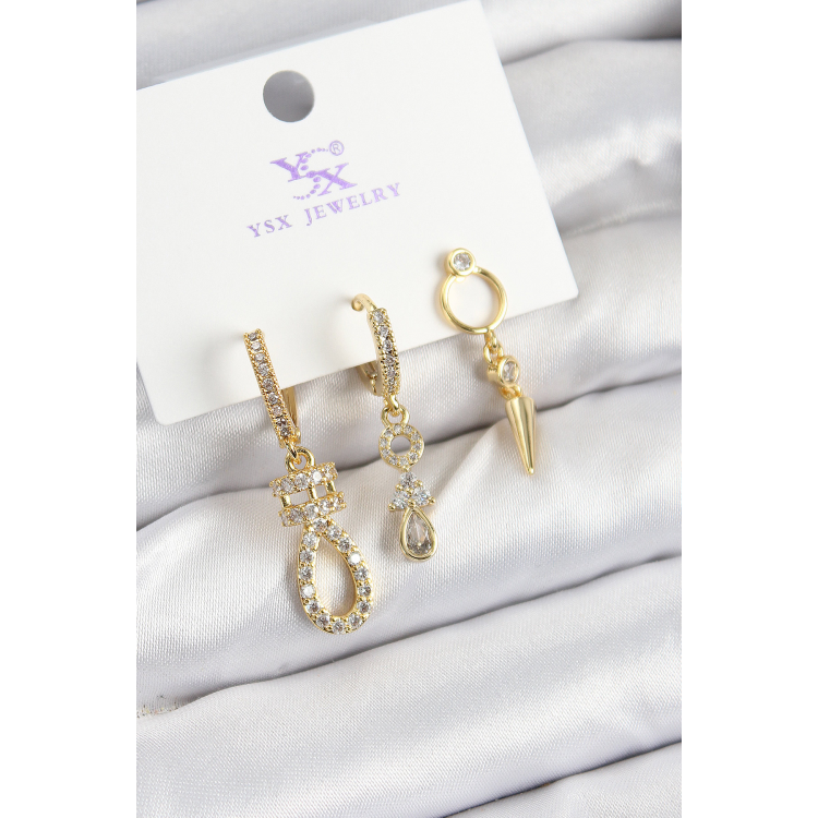 Pirinç Zİrkon Taşlı Sallantılı Model Gold Renk 3'lü Kadın Küpe 5886