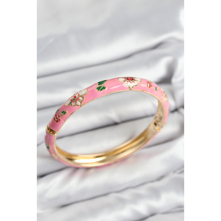 Mineli Pirinç Pembe Çiçek Motifli Gold Kadın Kelepçe 5886