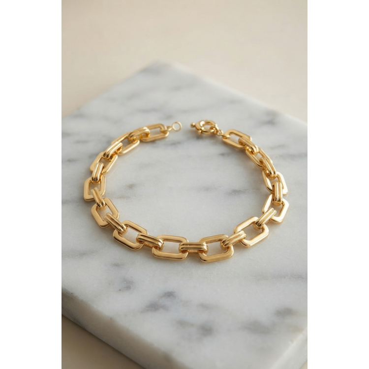 Pirinç Gold Renk Kare Zincirli Kadın Bileklik 5886