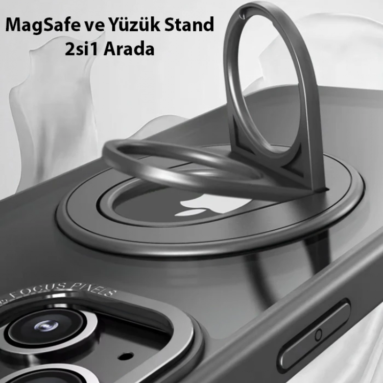 ALLY iPhone 15 Plus İçin Magsafe Uyumlu Yüzük Standlı Manyetik Silikon Kılıf-(5775)