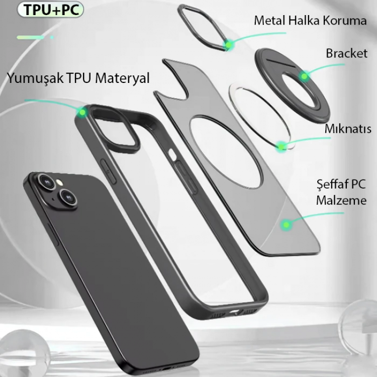 ALLY iPhone 15 Plus İçin Magsafe Uyumlu Yüzük Standlı Manyetik Silikon Kılıf-(5775)