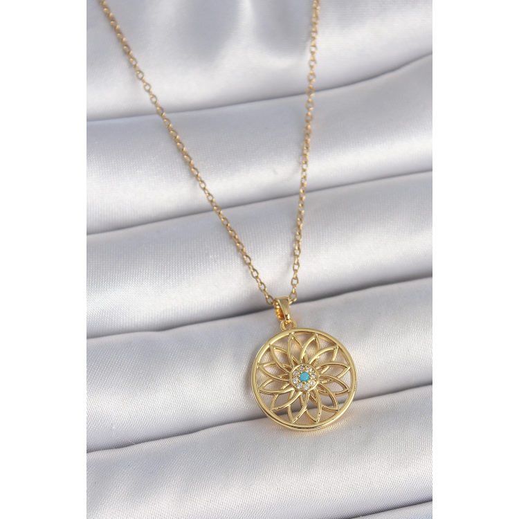 316L Çelik Gold Renk Zincr Mavi Taşlı Lotus Model Kadın Kolye 5886