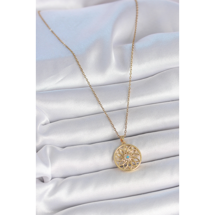 316L Çelik Gold Renk Zincr Mavi Taşlı Lotus Model Kadın Kolye 5886