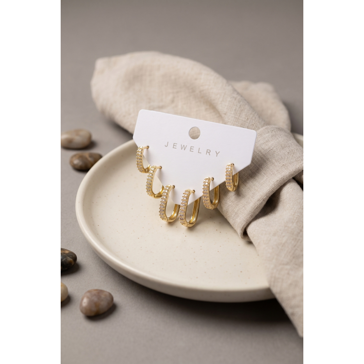 Gold Renk Zirkon Taşlı Pirinç Oval Kare Model Kadın Küpe Seti 5886